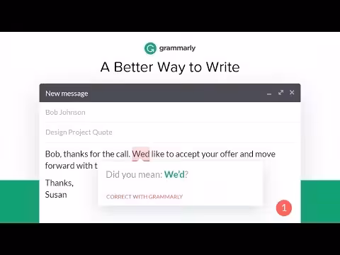 Grammarly correcting an email