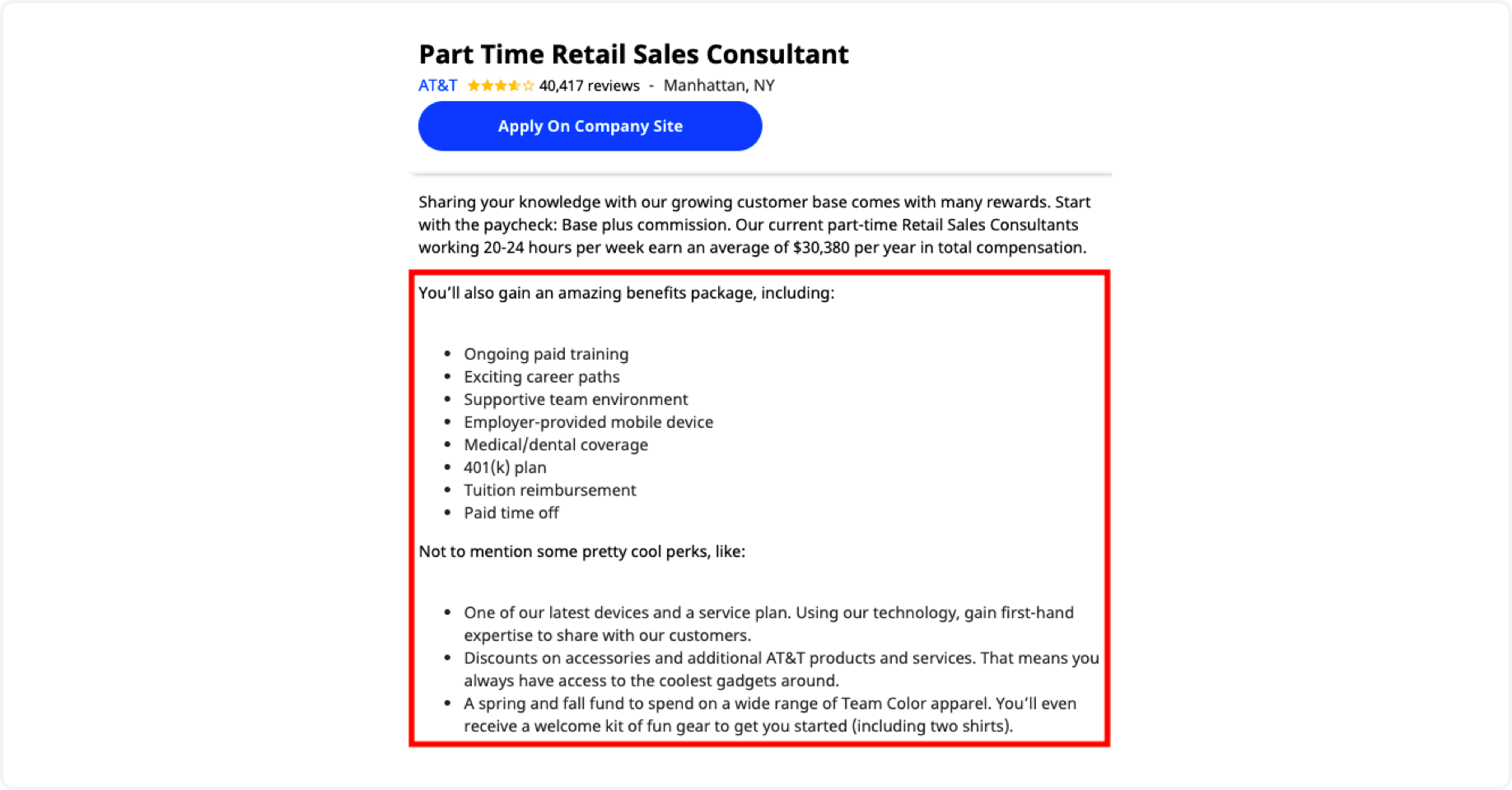 AT&T Part-Time Job Ad Benefits