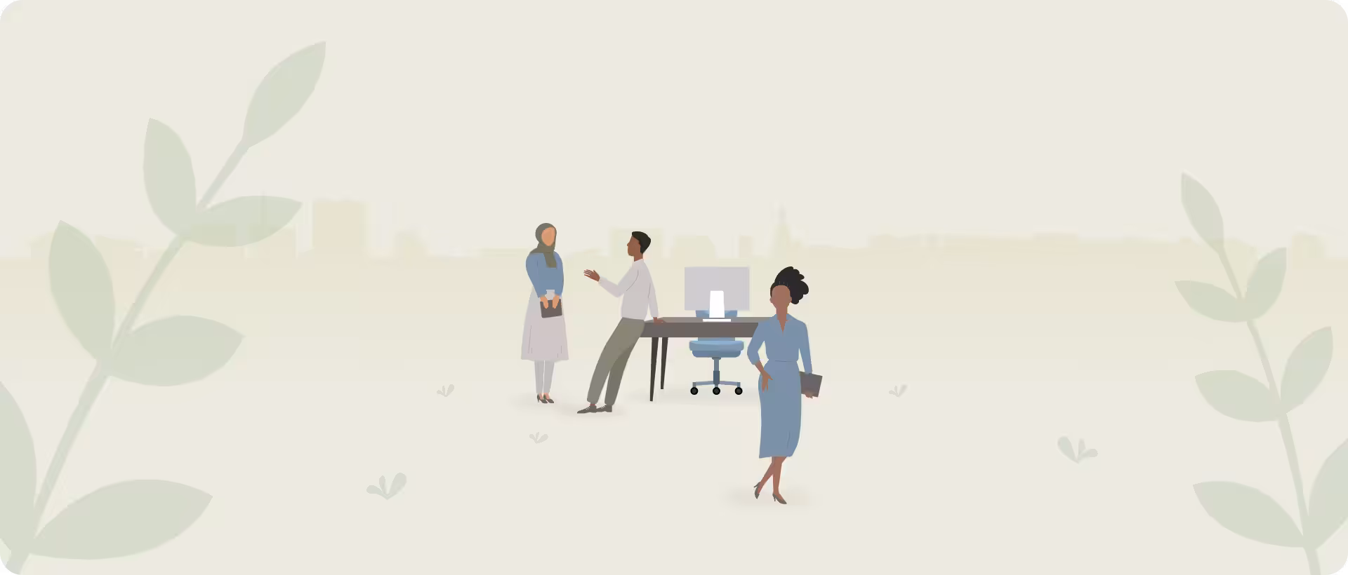 Animated contact center employees standing around a training desk.
