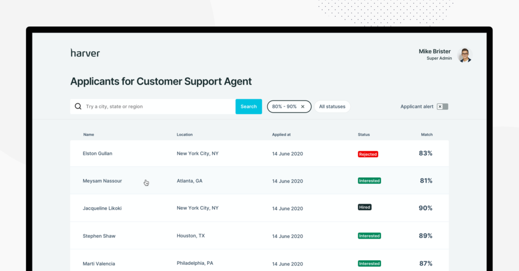 Example of active applicants dashboard in the Harver platform