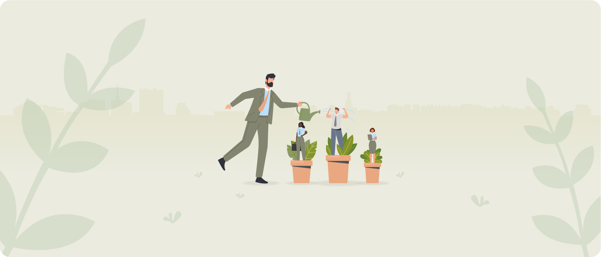 Graphic representing internal mobility as a man watering three plants