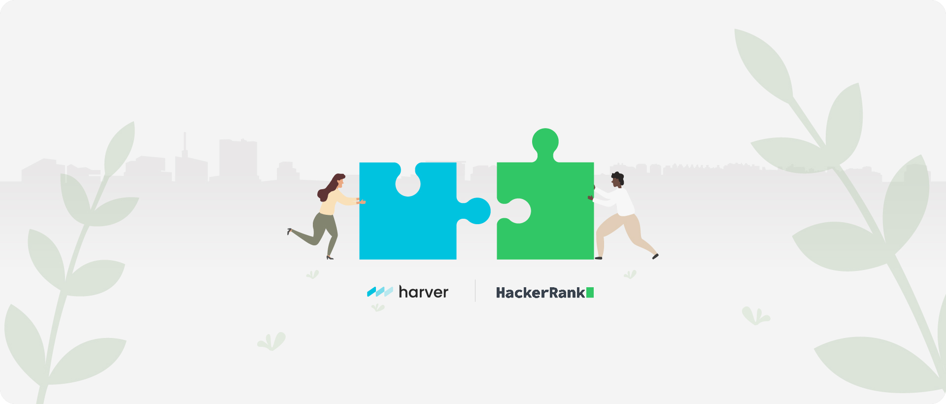 Two puzzle pieces, one representing Harver (soft skills/behavioral assessments) and one representing HackerRank (tech skills/coding assessments)