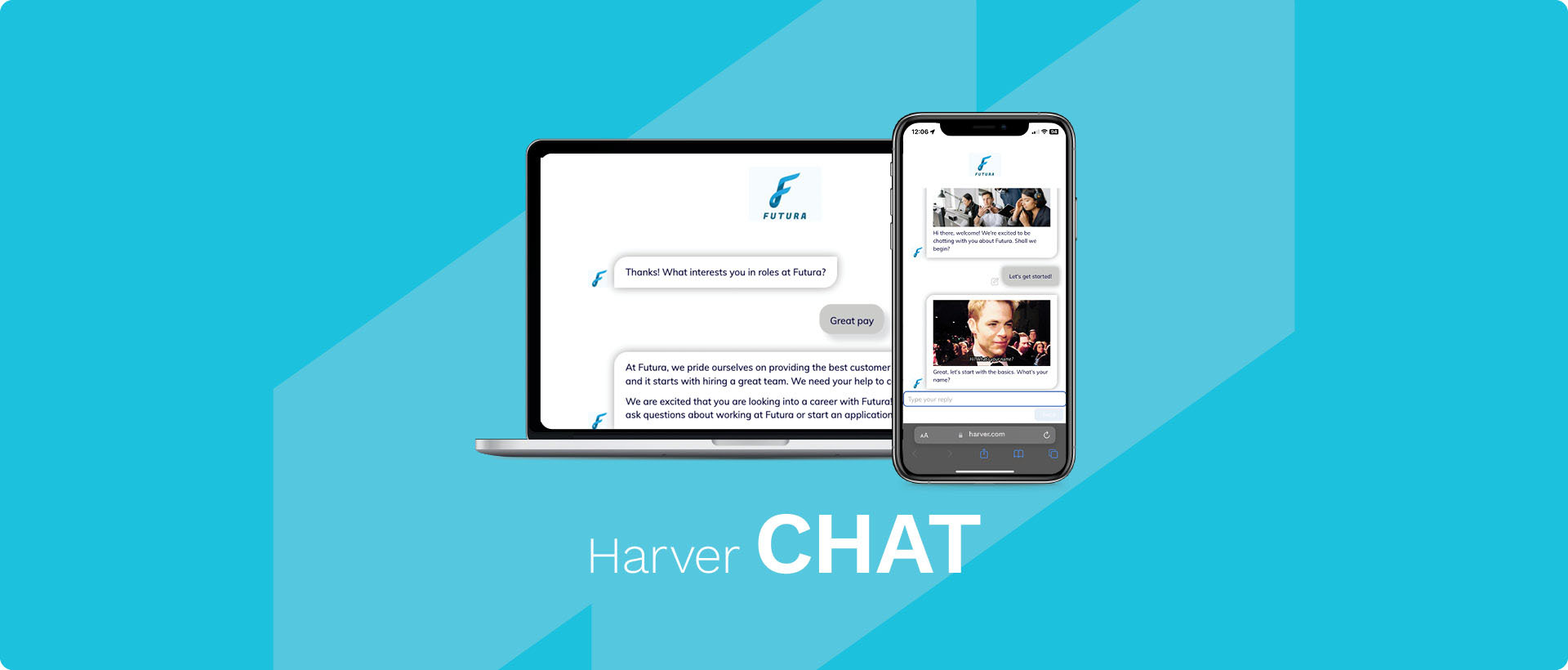Conversational chatbot screenshots of Harver CHAT on laptop and mobile screens