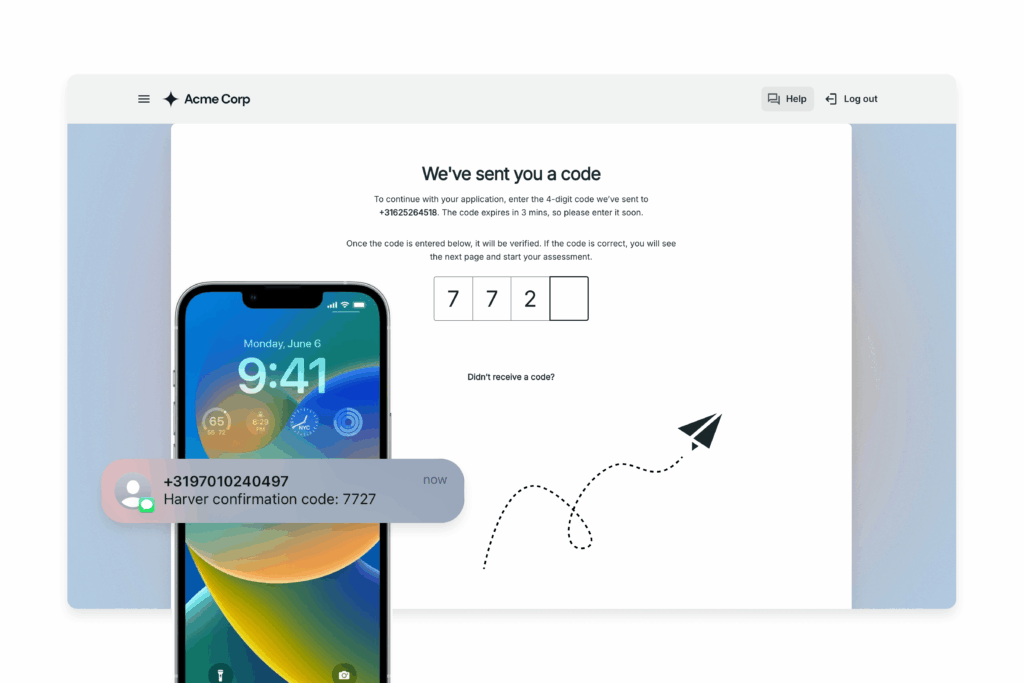 SMS Text message with code for starting hiring assessments on Harver platform