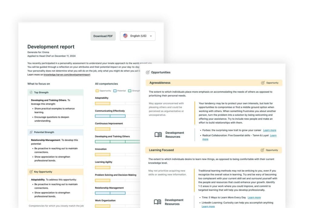 Harver development reports include details about strengths, opportunities for improvement and resources to help career growth