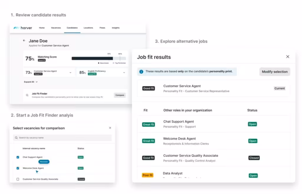 Harver job fit finder shows the fit candidates or employees have for other roles