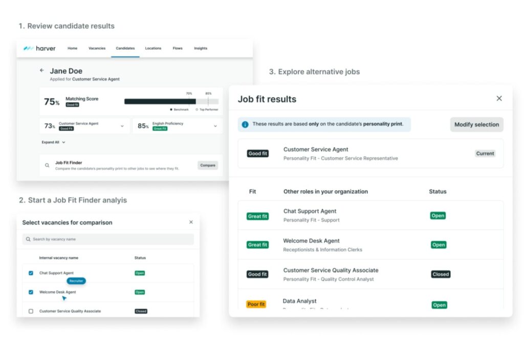 Harver job fit finder shows the fit candidates or employees have for other roles